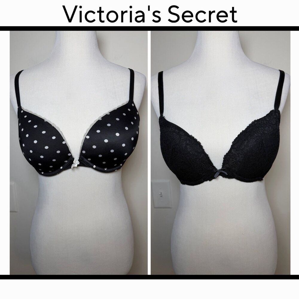 Victoria’s Secret 2 Pc Bra Lot 34D Black Polka Dot Push-up Underwired